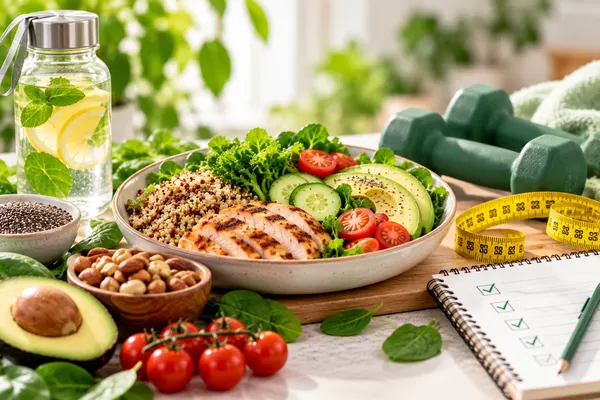 Plato equilibrado con quinoa, pollo y verduras, pesas y lista de hábitos