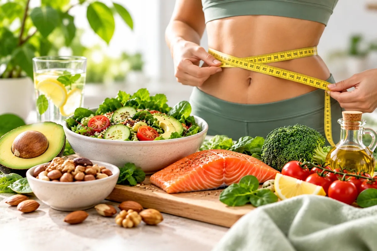 Mujer midiendo su cintura con cinta métrica junto a alimentos saludables
