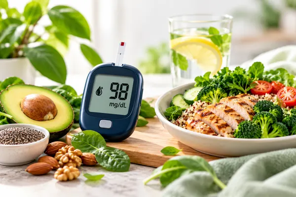 Glucómetro junto a un plato saludable con verduras, pollo y aguacate