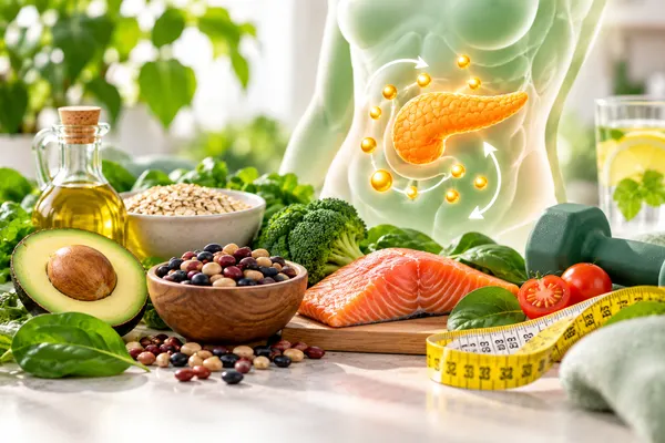 Ilustración del páncreas y alimentos saludables para mejorar la sensibilidad a la insulina