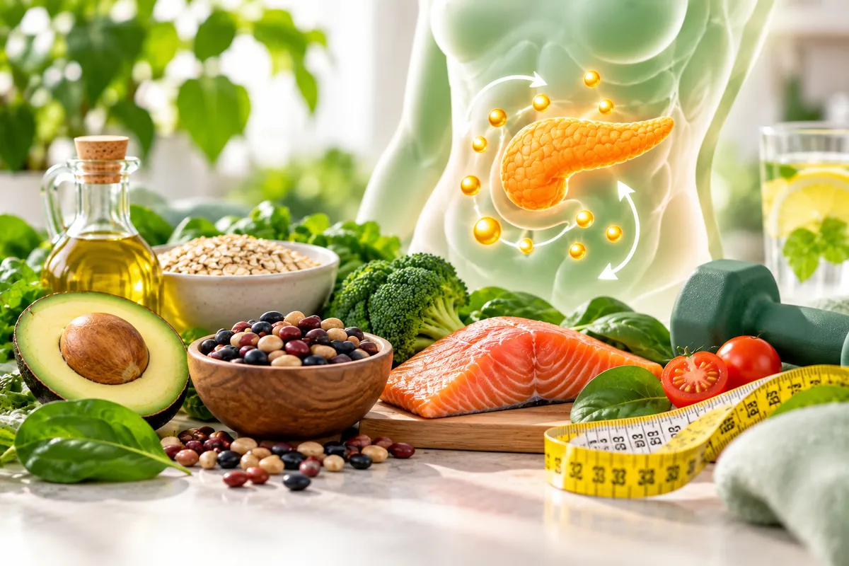 Ilustración del páncreas y alimentos saludables para mejorar la sensibilidad a la insulina